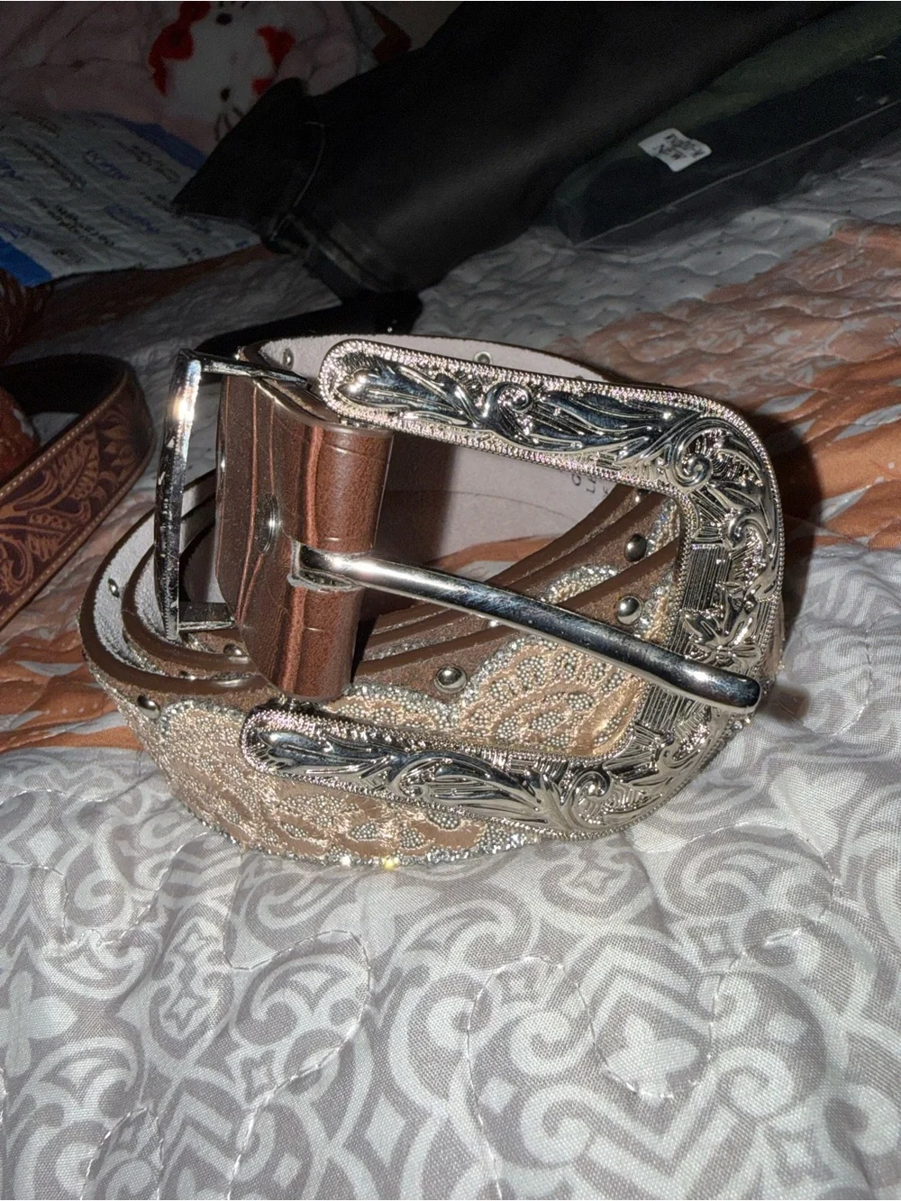 Women's Embellished Brown Western Belt with Silver Buckle